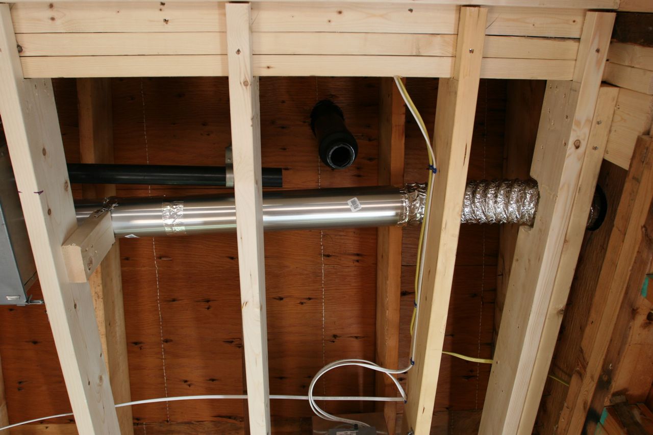 Ducting, plumbing above new portion of kitchen (formerly bathroom).