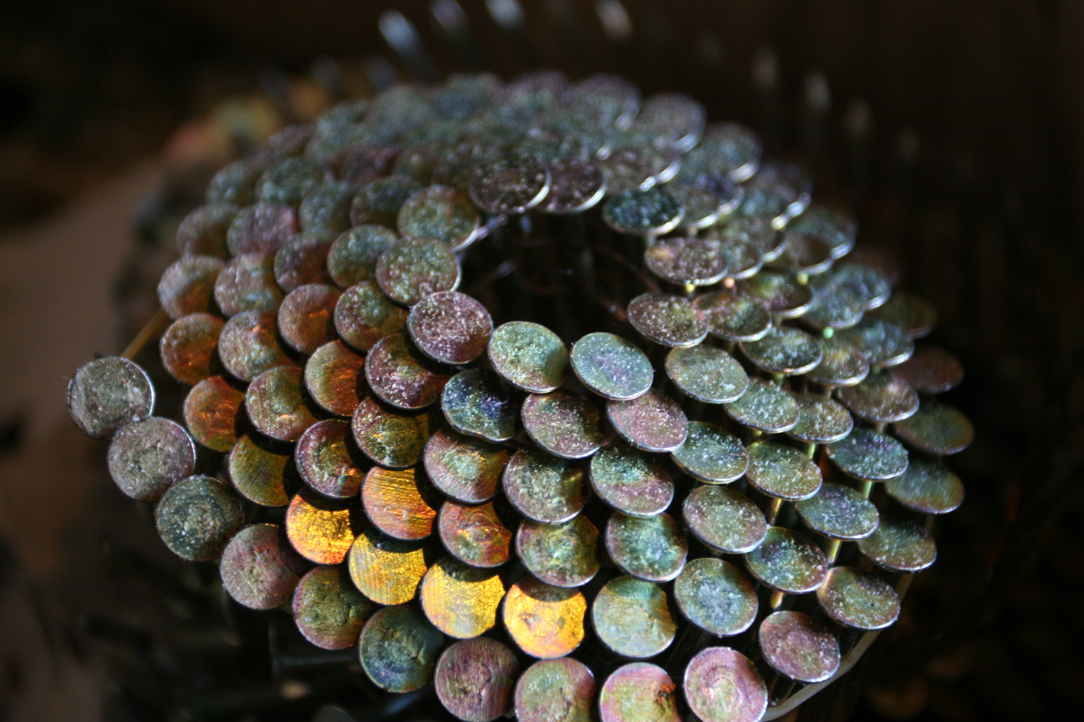Roofing nails in a lovely, scale-like, iridescent spiral. They had no idea that these nails were so pretty.