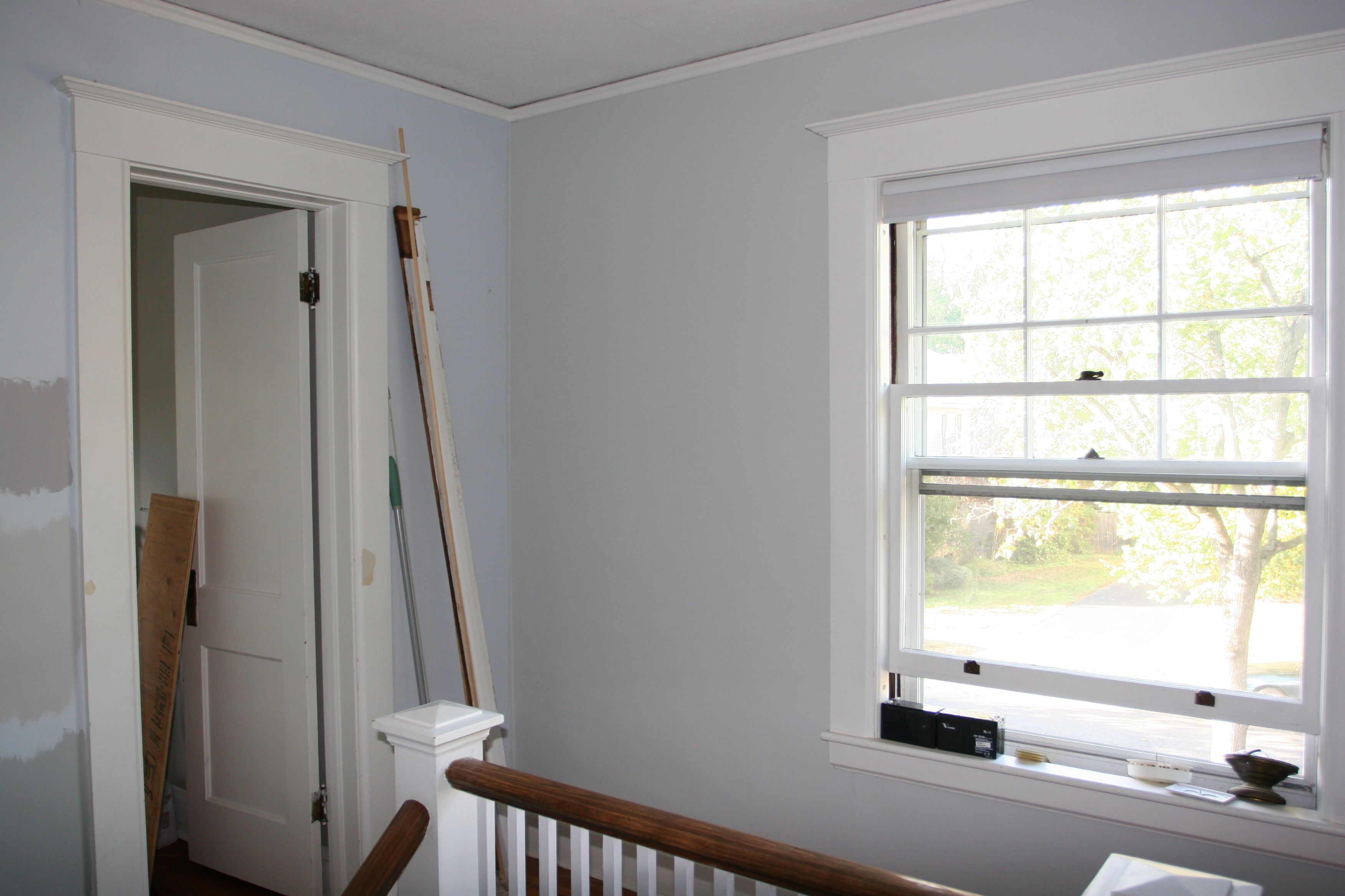The new color is the grey (Benjamin Moore: Cliffside Grey). The old color is the blue. We're making progress!
