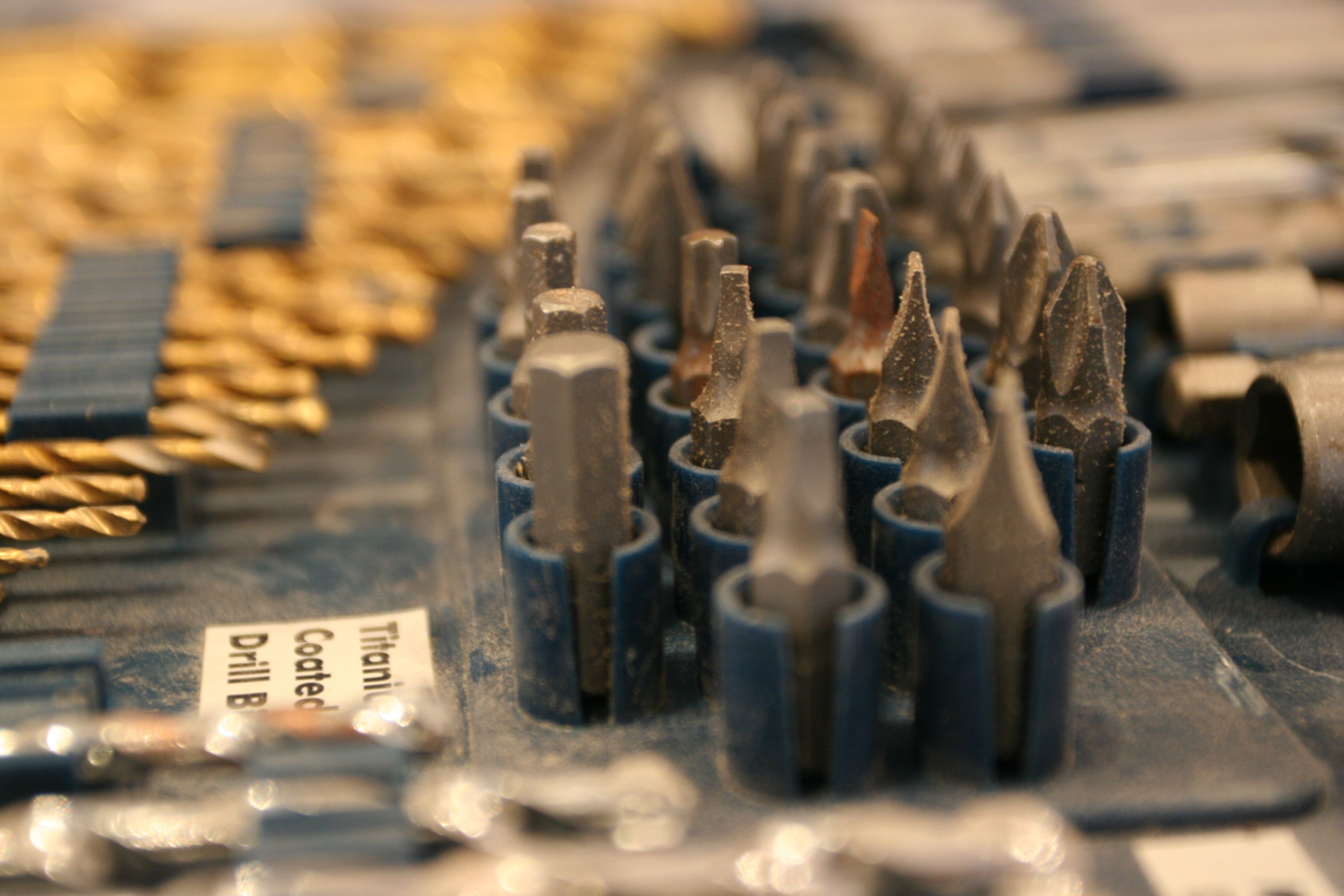 Beauty shot: drill bits. I was sort of mesmerized by the way the colors looked in this slightly off-focus picture. Could inspire an outfit, a room, a house.