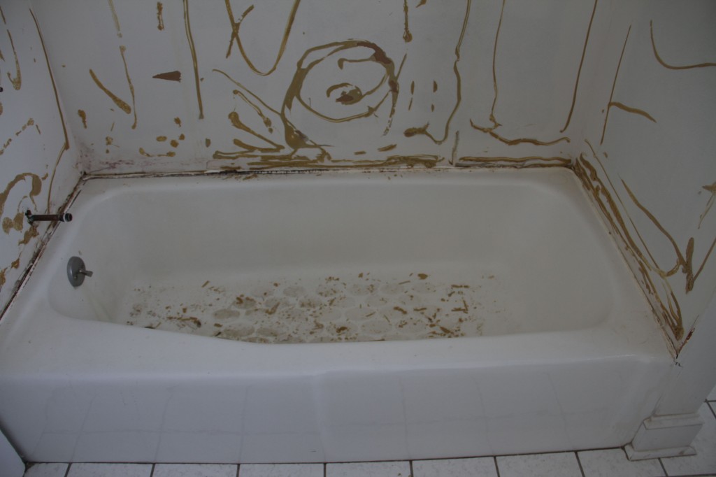 Good-bye, shallow, permanently stained and caulked on tub.