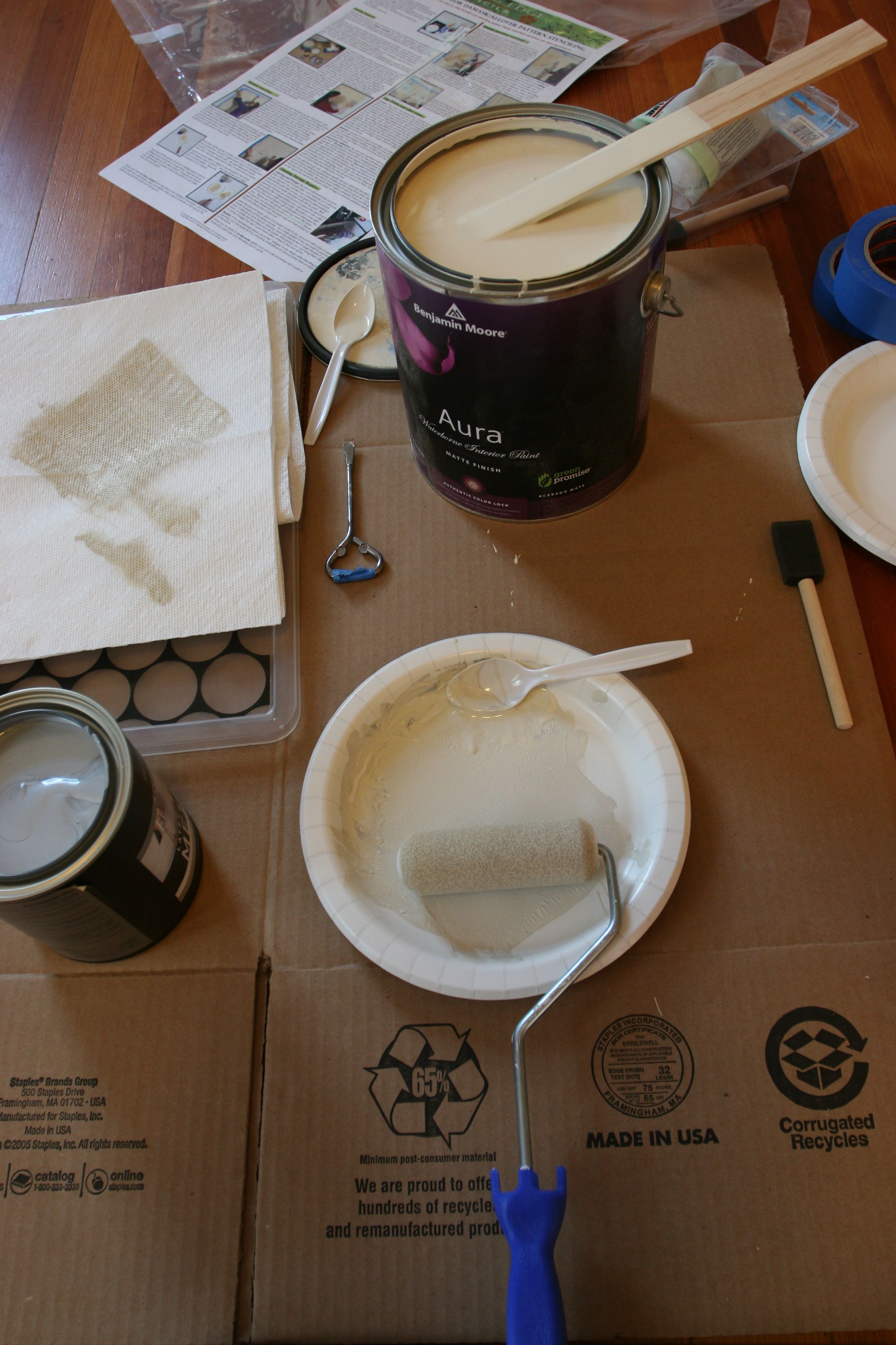 My palette was a paper plate. The instructions provided by the stencil maker were so easy to follow. It totally worked.