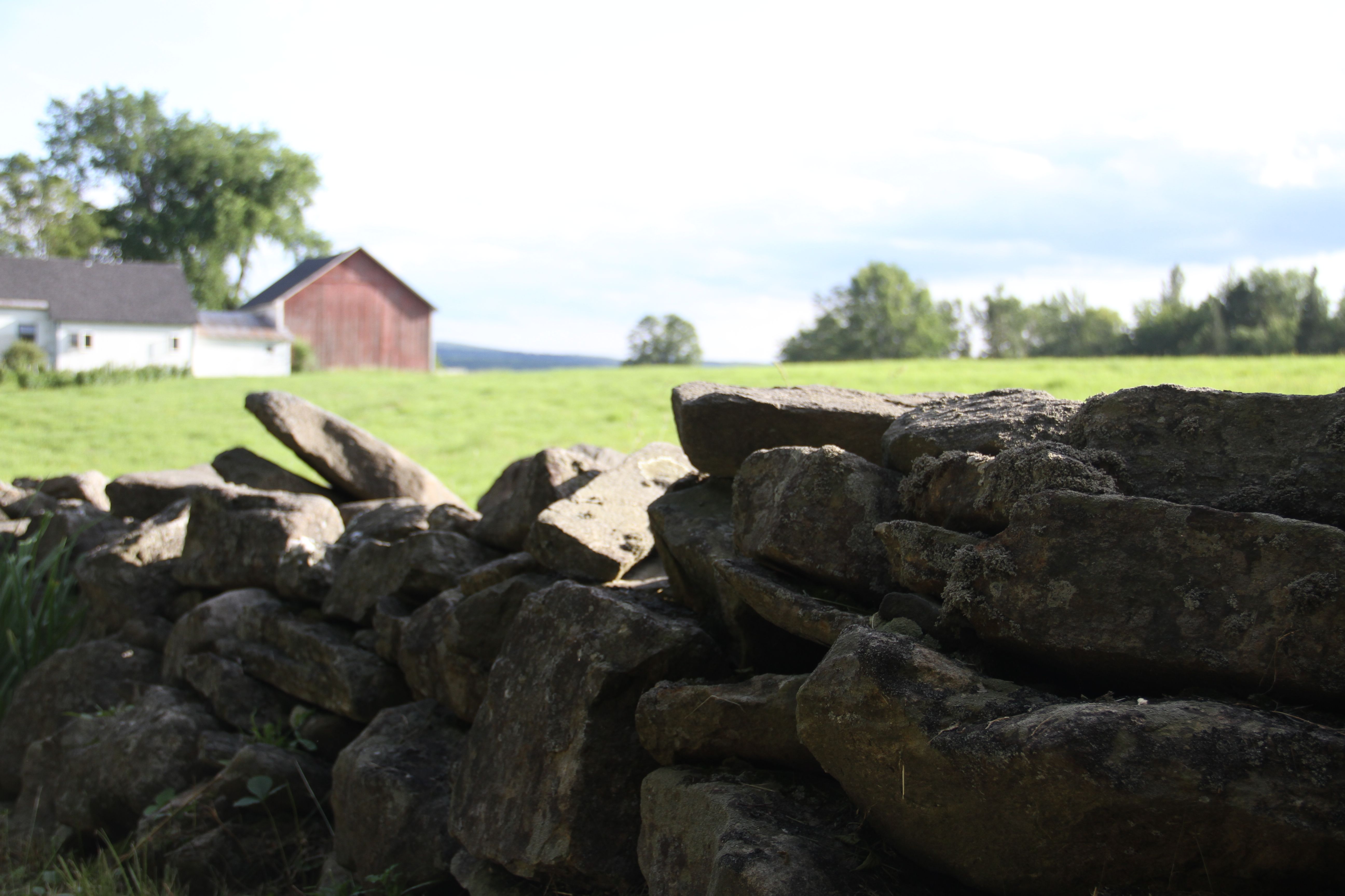 A New Englander's dream: farmhouse, stone wall, field, mountains, trees... ahhh.