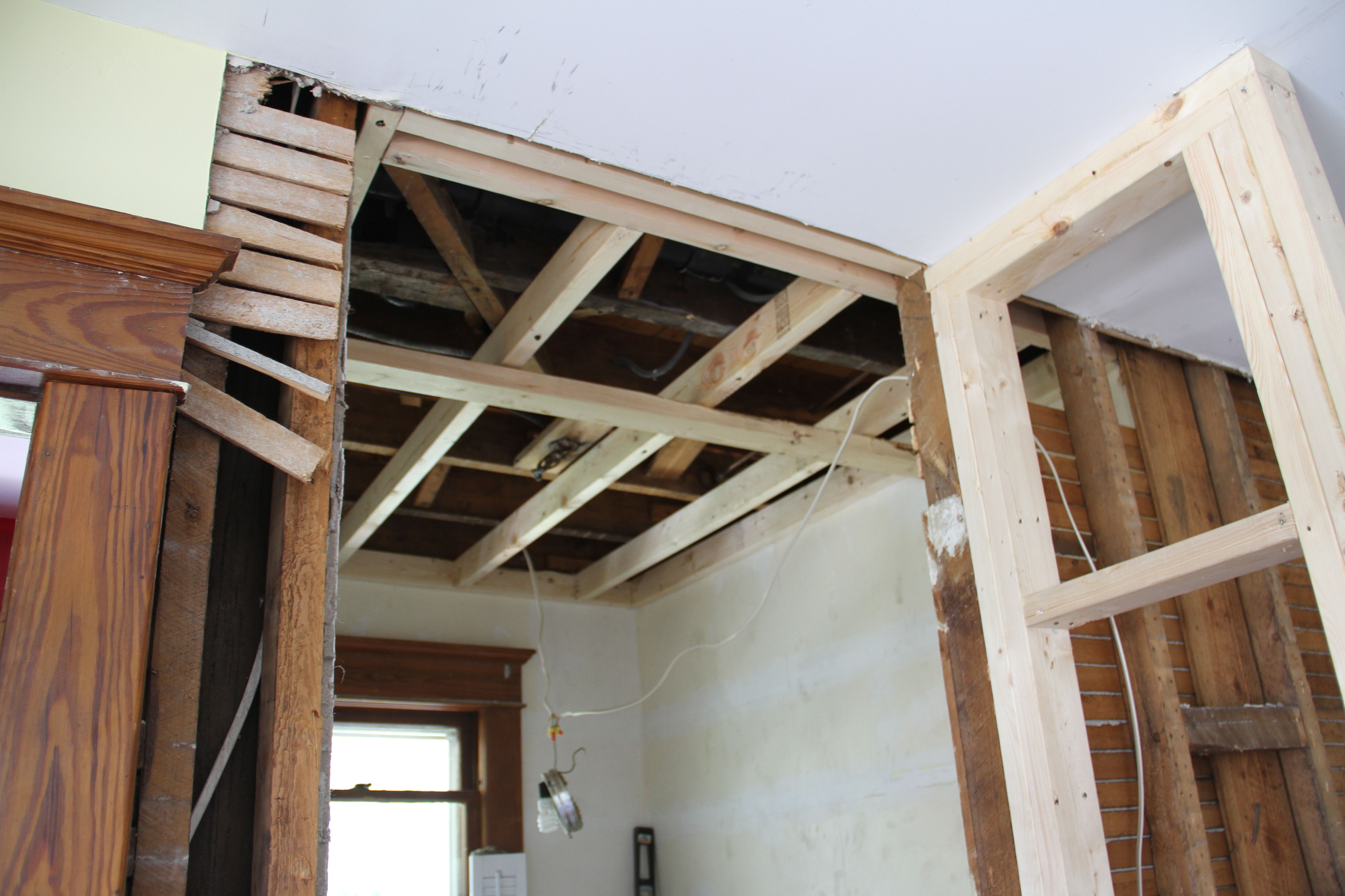 Ceiling framed up, wall to powder room in place an awaiting approval from Mrs K.