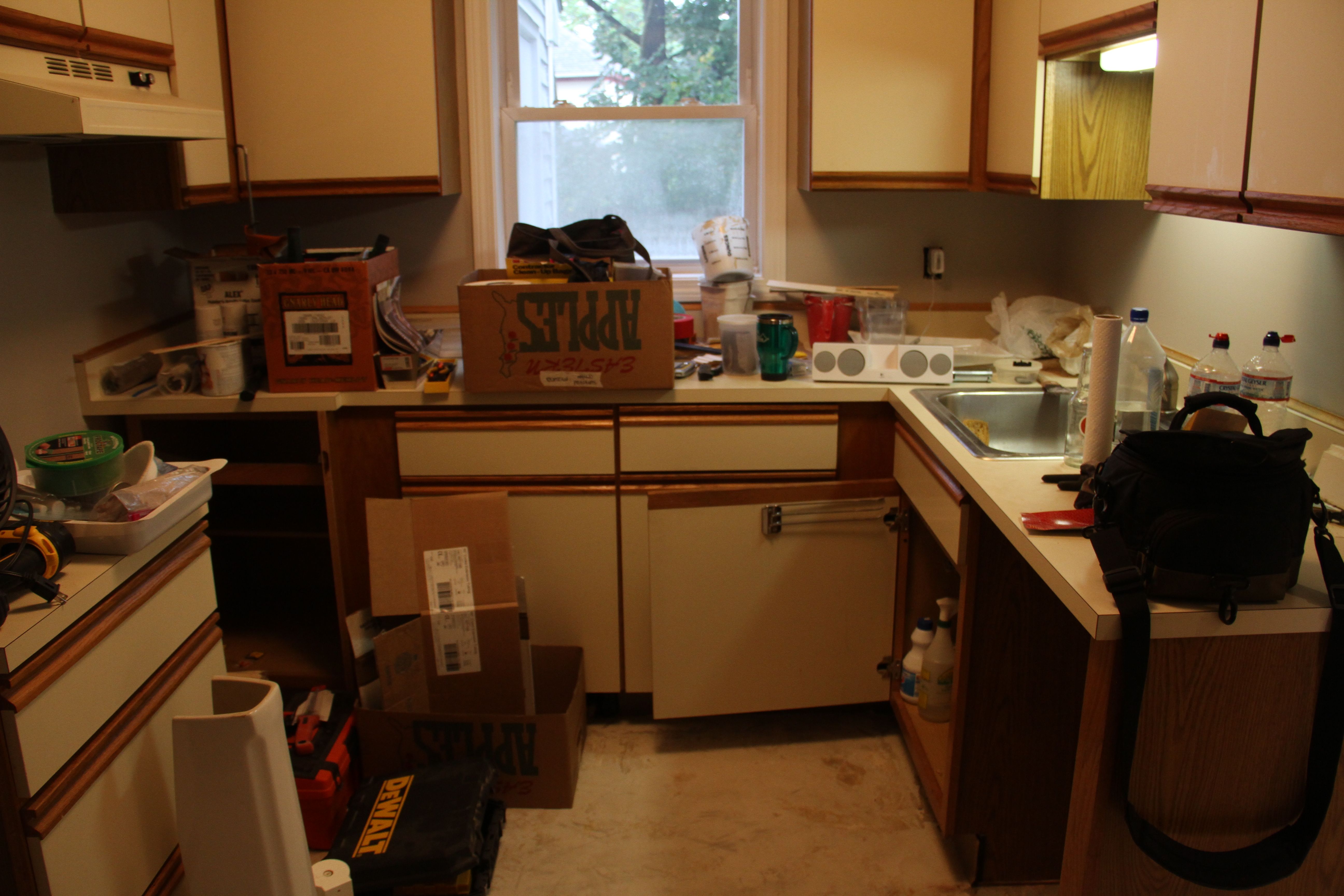 The state of the kitchen, with only one undercabinet light source. (Note the total and utter CHAOS that is everywhere!)
