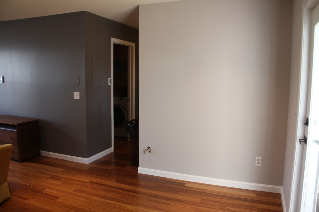 AFTER: Benjamin Moore Aura paints in Wish (pale purpley grey) and Granite (near charcoal).