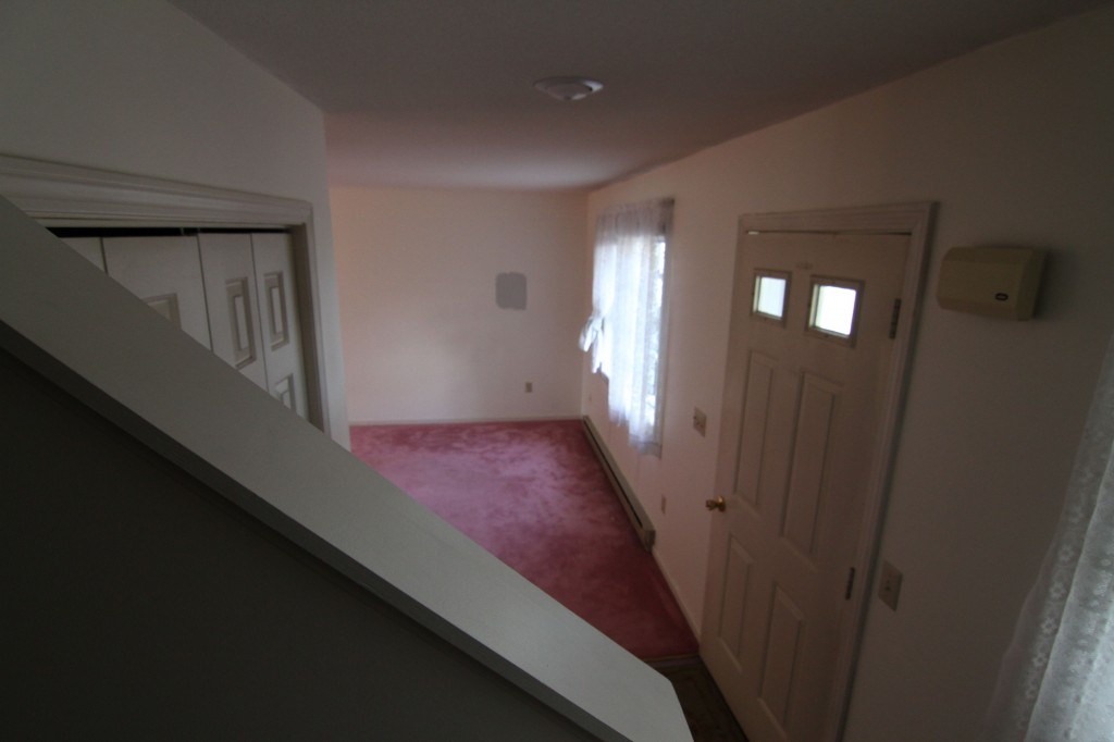 BEFORE: Staircase looking to entryway/living room. Dusty mauve/rose carpet met with sheet linoleum. Classic.