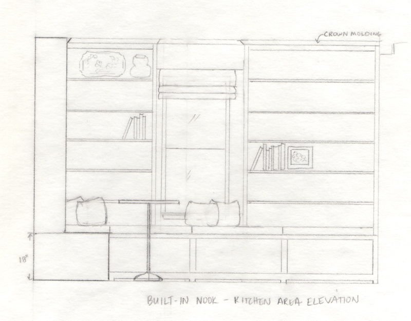 A drawing of a proposed built-in seating/shelving unit that would house the family's books and give them a place to read, do homework or hang out while meals are being prepared.