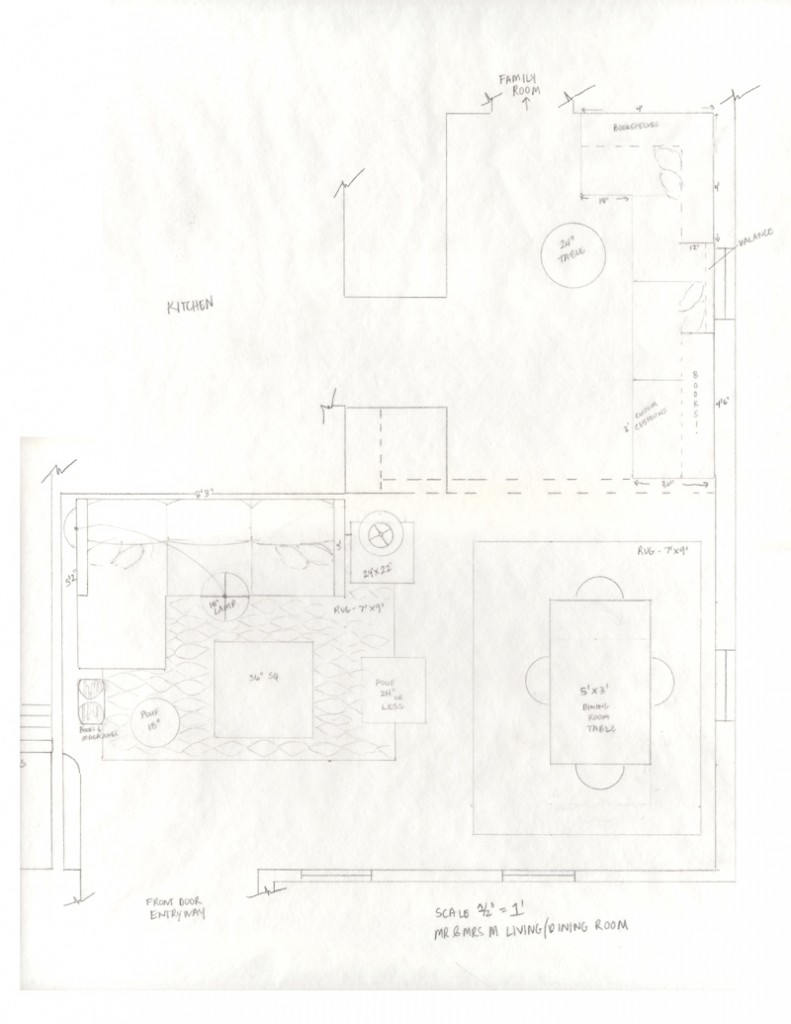 An overhead floorplan view of the space as it exists and the proposed furniture arrangements and built-in plans.