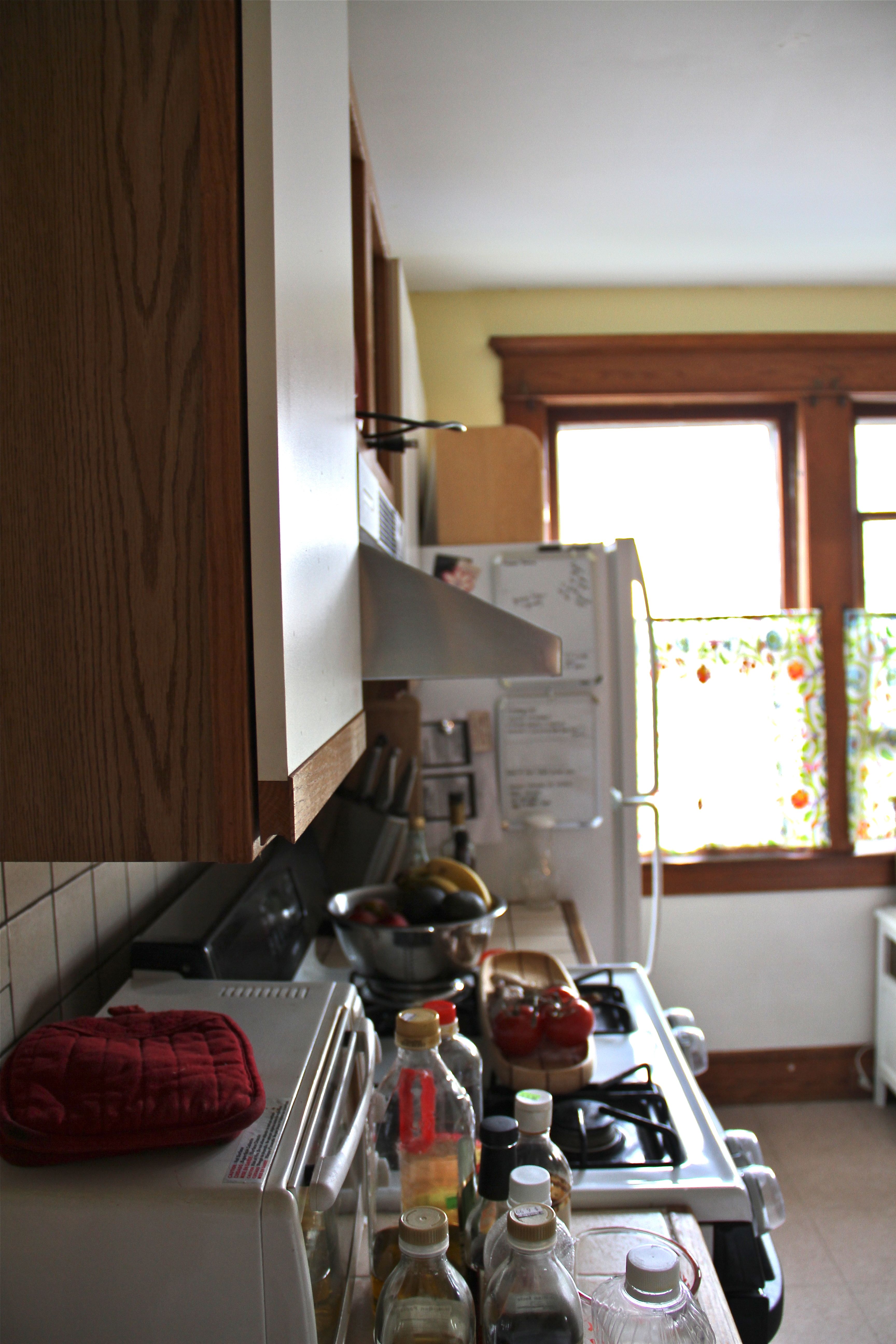 BEFORE: A look at the light-stealing refrigerator and the tiny 18" bits of prep space on either side of the stove.