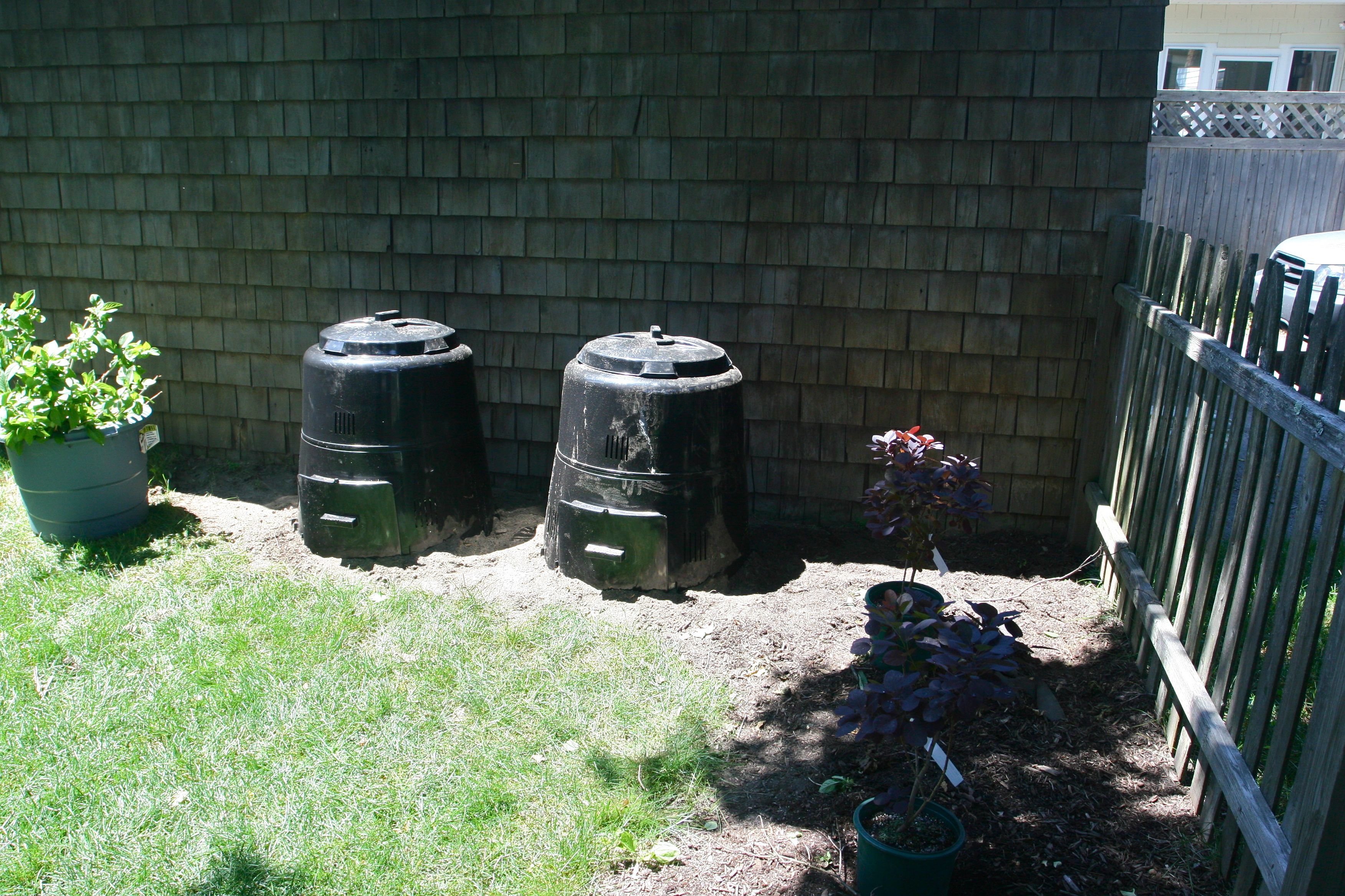 Ok, so here's a BEFORE up close. When we first put the bins in we thought we'd hide them with bushes and shrubs.