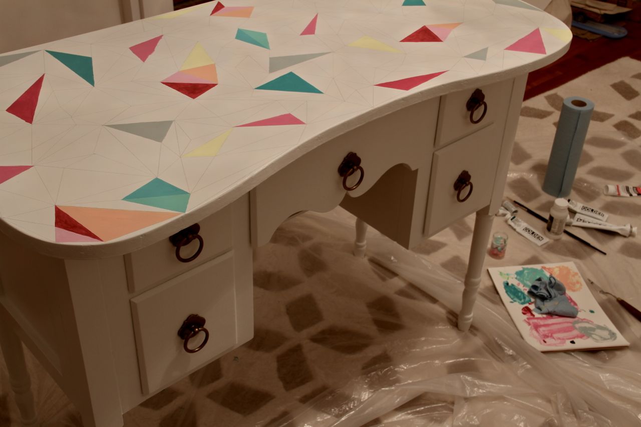 DURING: Each triangle was carefully hand painted with two coats of artist's paints that I custom mixed.