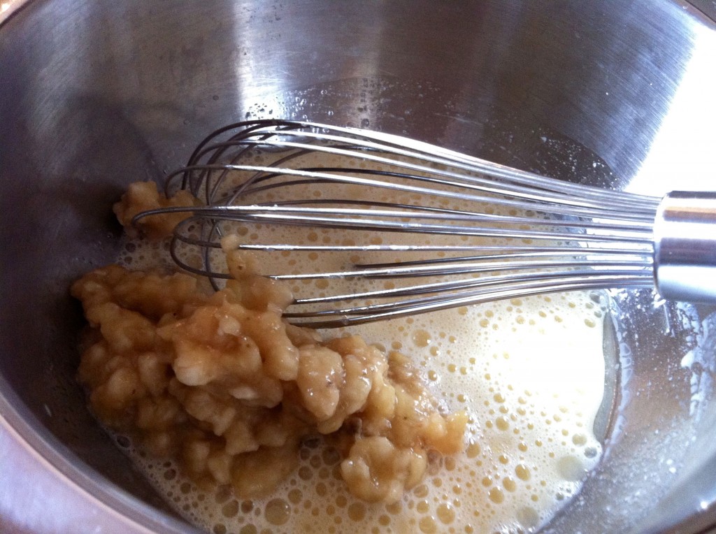 Once your egg mixture is nicely mixed, add in the bananas.