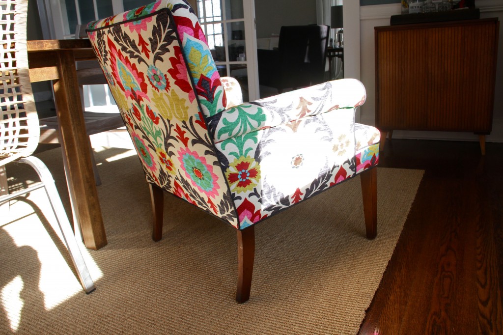 AFTER: The lively fabric makes the back of this chair exciting and stimulating. Plus, the flatness of the shape is balanced by the curves and boldness of the pattern.