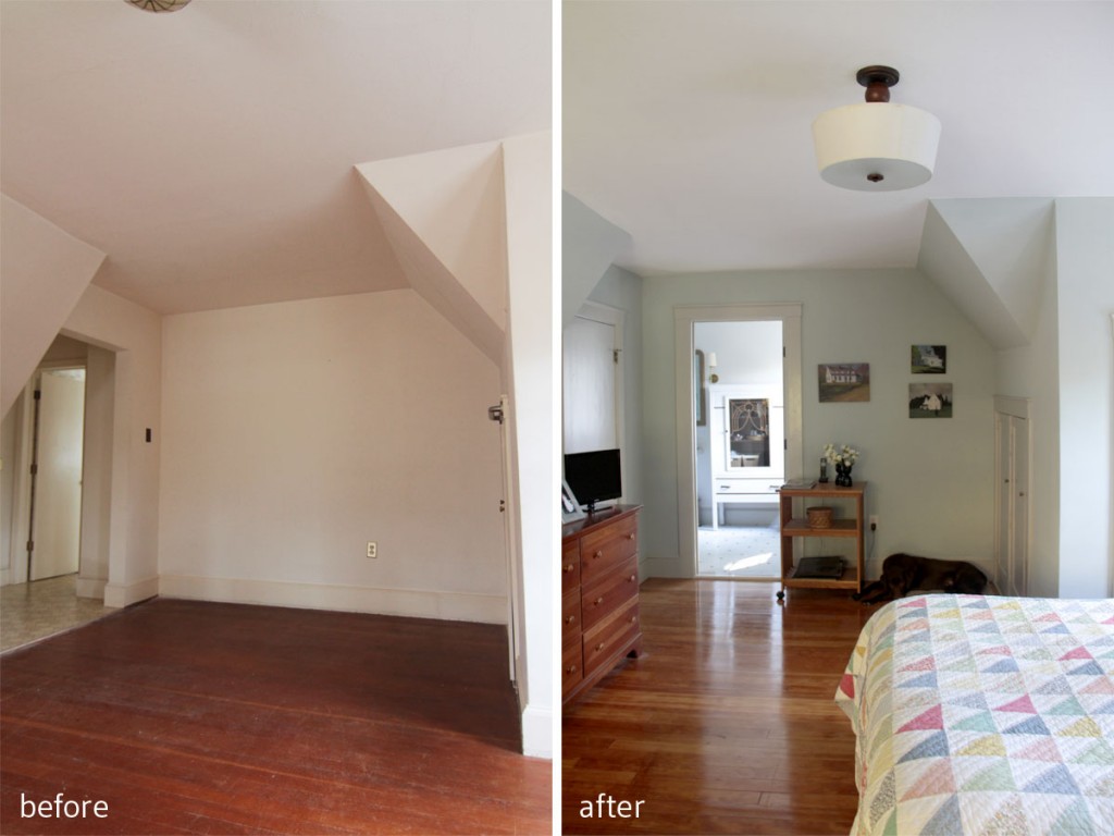 BEFORE: You had to walk underneath that eave to get into the master bathroom. AFTER: We repositioned the entrance to the bathroom, converted the awkward former entry into a large closet, while maintaining a period-appropriate vibe.
