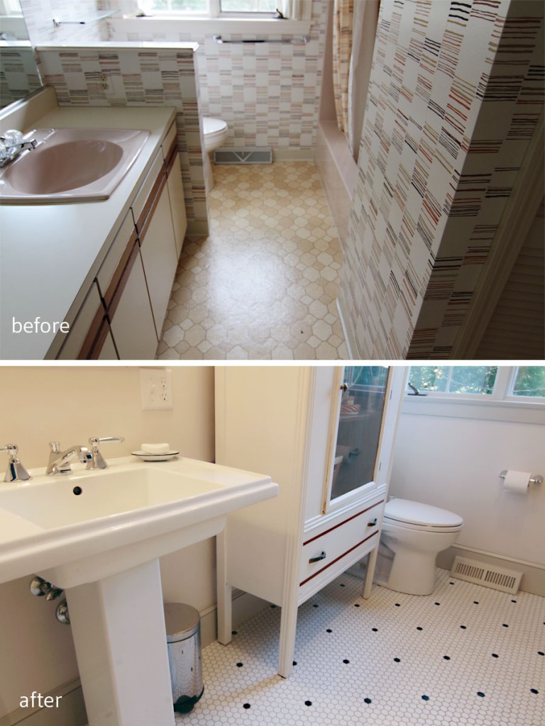 BEFORE: The pony wall provided a weird bit of "privacy" in a hard to get to space. AFTER: By moving the door to where the tub had been we were able to make the bathroom easier to use.