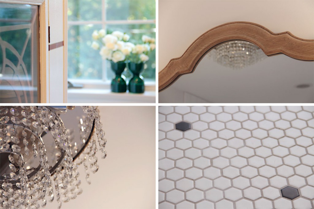 I wanted the feeling of the bathroom to be vintage, but still work with modern life. Ceramic hex tile harkens back to a time gone by, and the mix of chrome, glass, brass, and mirror add elegance to this formerly drab space.