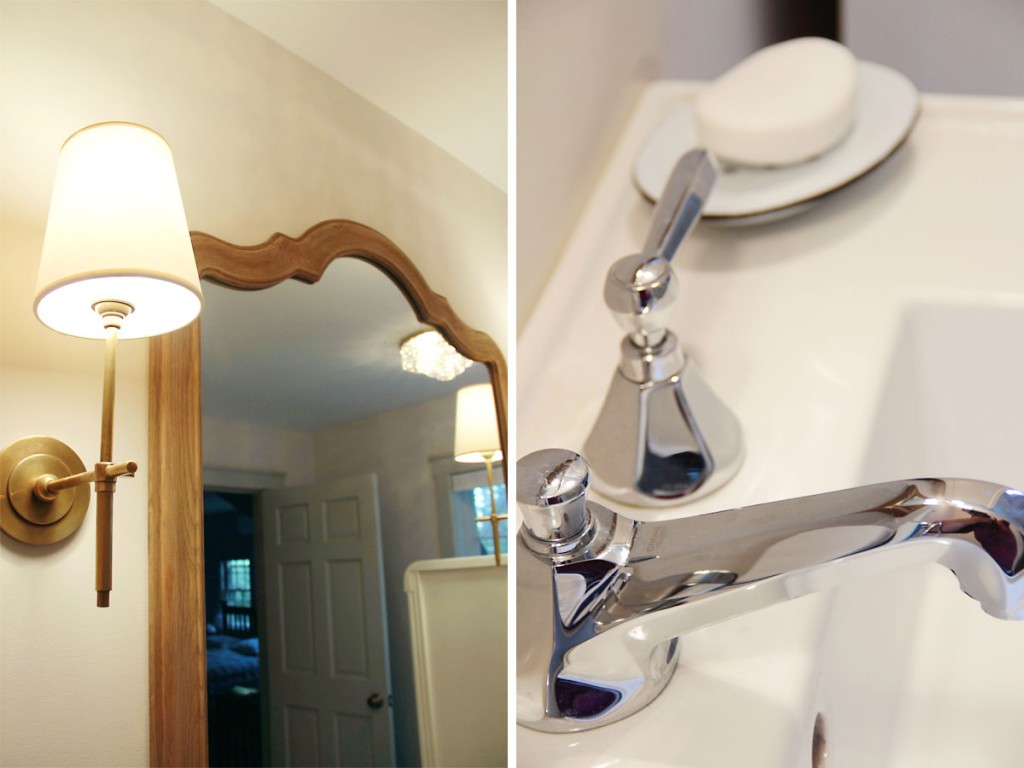 Brass fixtures will age with time, while chrome on the vanity is easy to maintain, and adds to a vintage modern look. Wall color in Toque White (SW 7003).