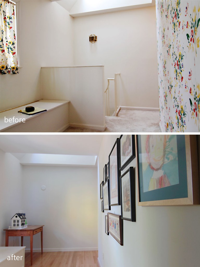 BEFORE: This space started out as a strange pass-through with a skylight and a spiral staircase. AFTER: This little corner will now become a reading nook, or a homework zone if the kids need some quiet space.
