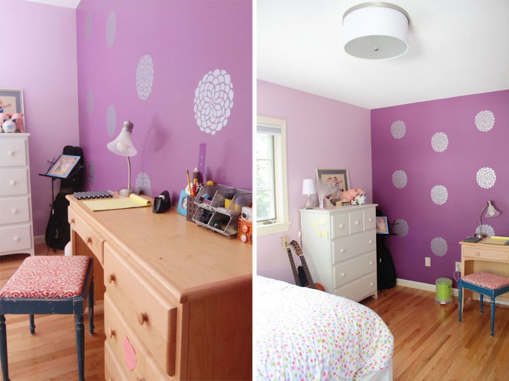 While he didn't want a desk in his room, she did. I had originally suggested that she position her bed on this feature wall but she wanted to enjoy it from both spots in her room.