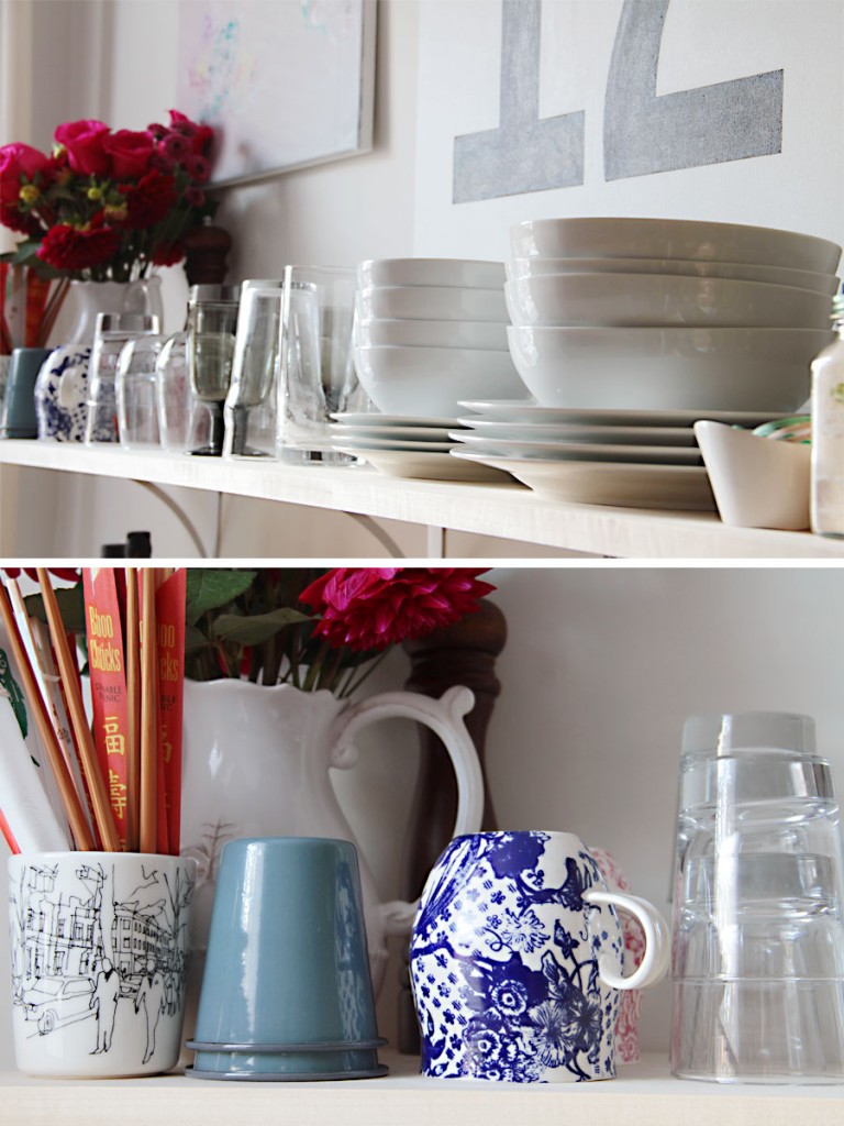 Details: new shelf makes dish storage easy. It feels less messy than I would have thought, and showcases our small collection of eclectic serve ware.