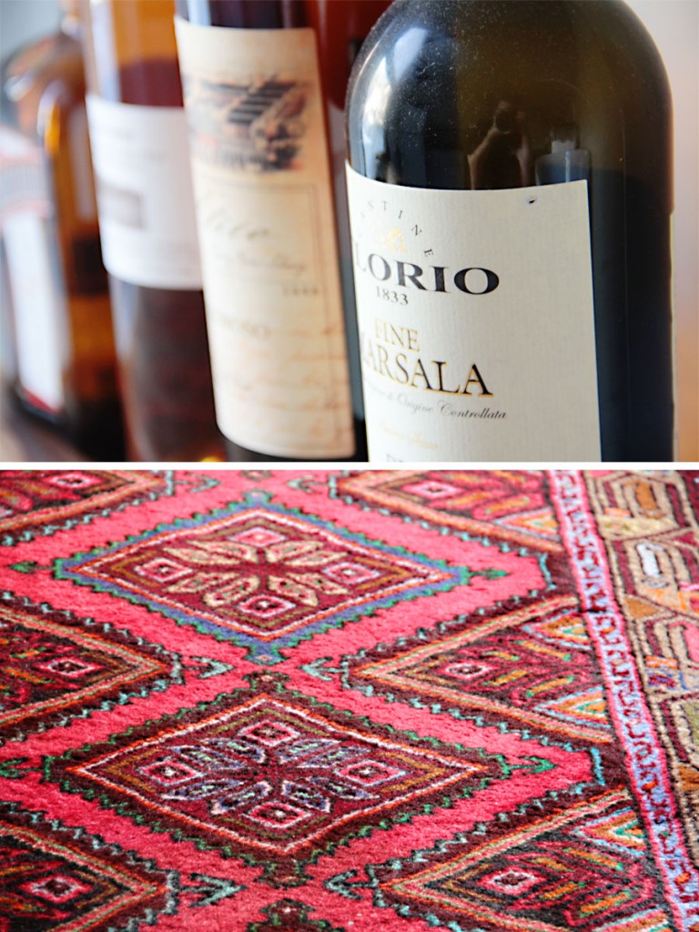 Details: Our cooking spirits on display feel festive and luxurious. Our thrifted rug (from friends who were moving) further enhances our vintage-meets-modern mood.