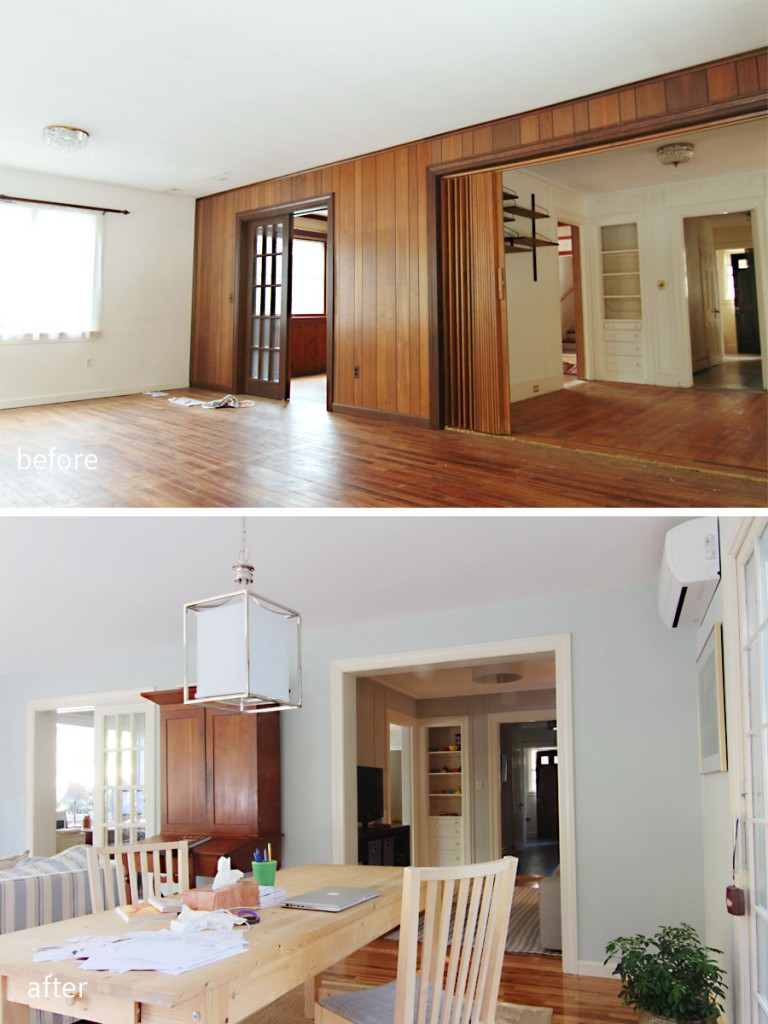 BEFORE: The not original (and not wood) panelling hid what was once an exterior wall. The accordion doors were also not original and were pretty gross. AFTER: By narrowing the entry way between the kids' game room (former dining room) and the sun room (former exterior) we left room for future addition of French doors. Then this sun room can double as a guest room when the kids are grown and visit with their own offspring (don't cry Mrs W, they'll always be your babies).