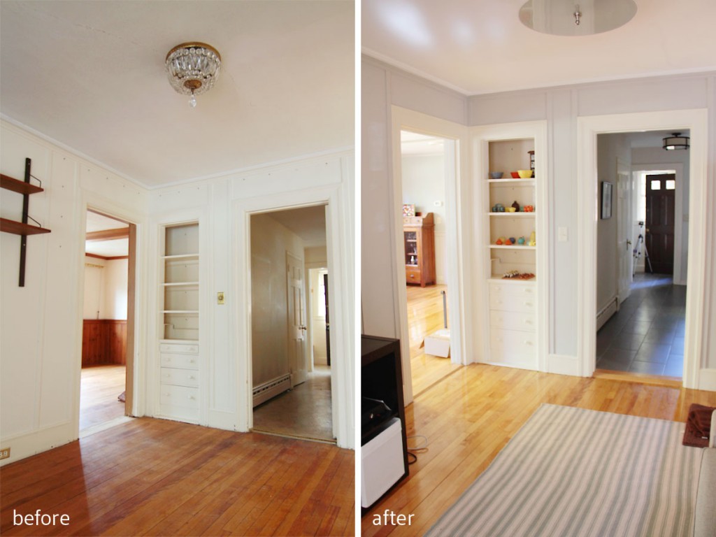 BEFORE: This room was the original dining room of the house, and even still had the built-in china hutch. AFTER: We kept the hutch (duh) but painted out the vertical strapping on the walls to make the room feel a bit more modern. The four doorways/passageways in this room a perfect spot for the kids' gaming system. Parental supervision ensured.