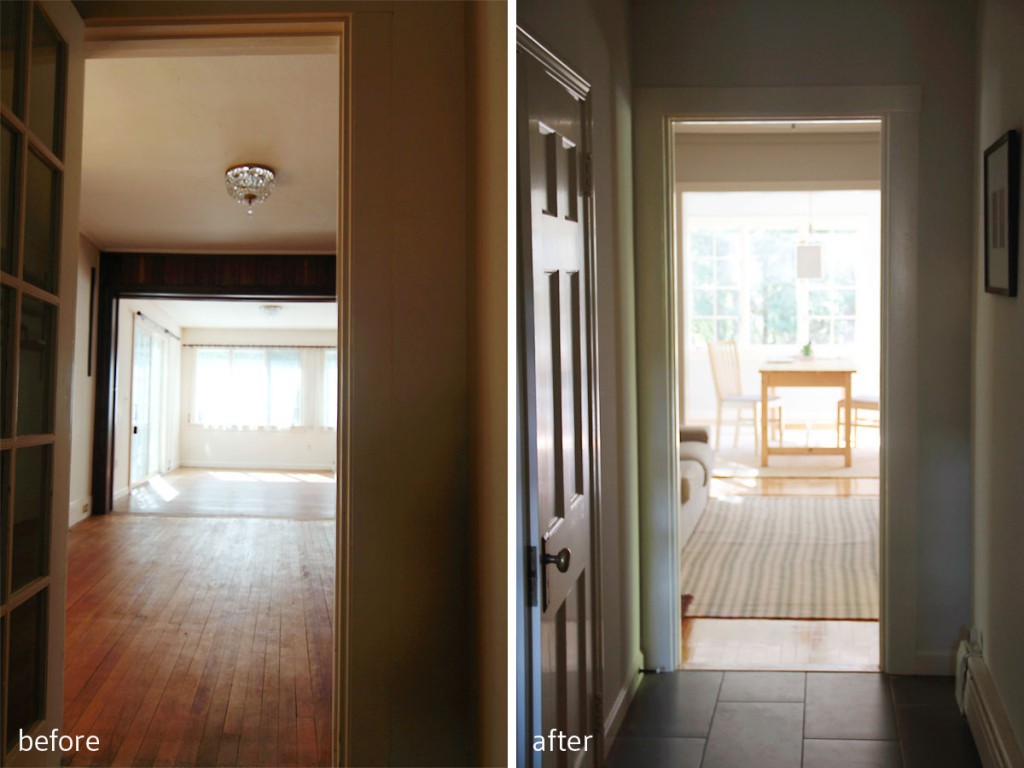 BEFORE: A view to the sunroom through the former dining room. AFTER: Now a sunlit and welcoming spot for homework, and a welcoming spot for playing video games for the kids. After the homework is done, naturally.