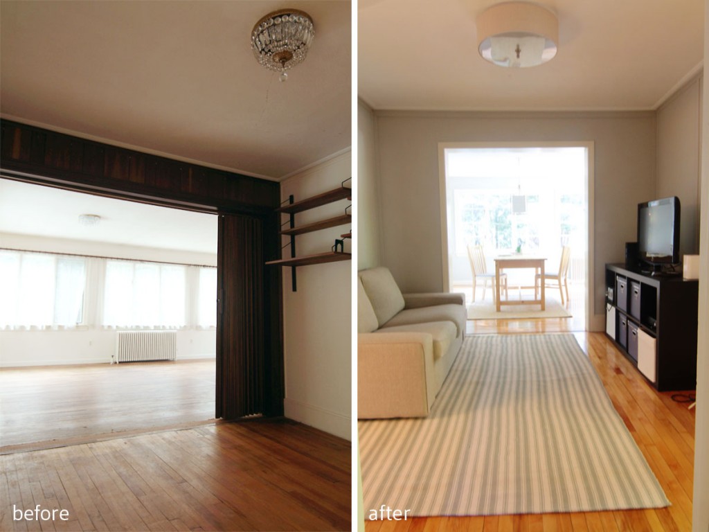 BEFORE: You can see a better angle of the accordion door and cheap paneling (added in the 80s with the addition). AFTER: Now the room has more of a room-like proportion, and is just big enough to seat some gaming teens and tweens.