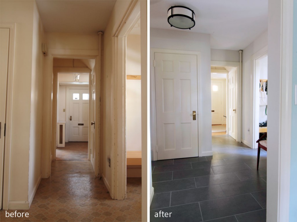 BEFORE: Linoleum, dingy paint, bad lighting. AFTER: Classic grey tile with modern rectangle shape, transitional fixtures, neutral walls.