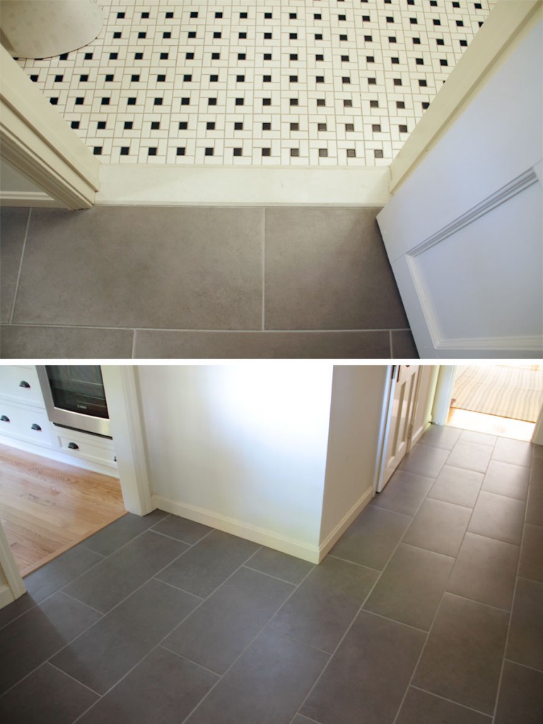 The powder room got another black and white mosaic tile, and the ceramic grey tile provides a low-maintanence transition point for the wood floors, tile, and exterior. (Sneak peek of the kitchen, still to come!)