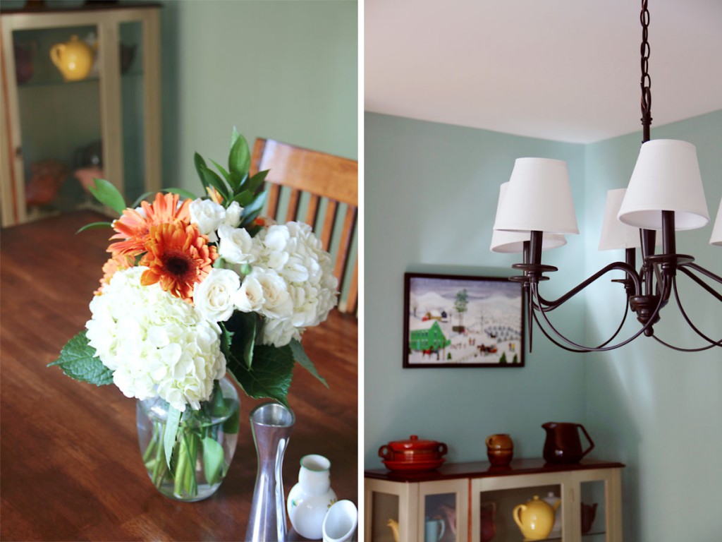 Details: Mrs W let me rummage around her accessories to find sweet trinkets to display. The light fixture is a budget-friendly Pottery Barn find - another hotly contested search - and the cabinet in the background is antique.