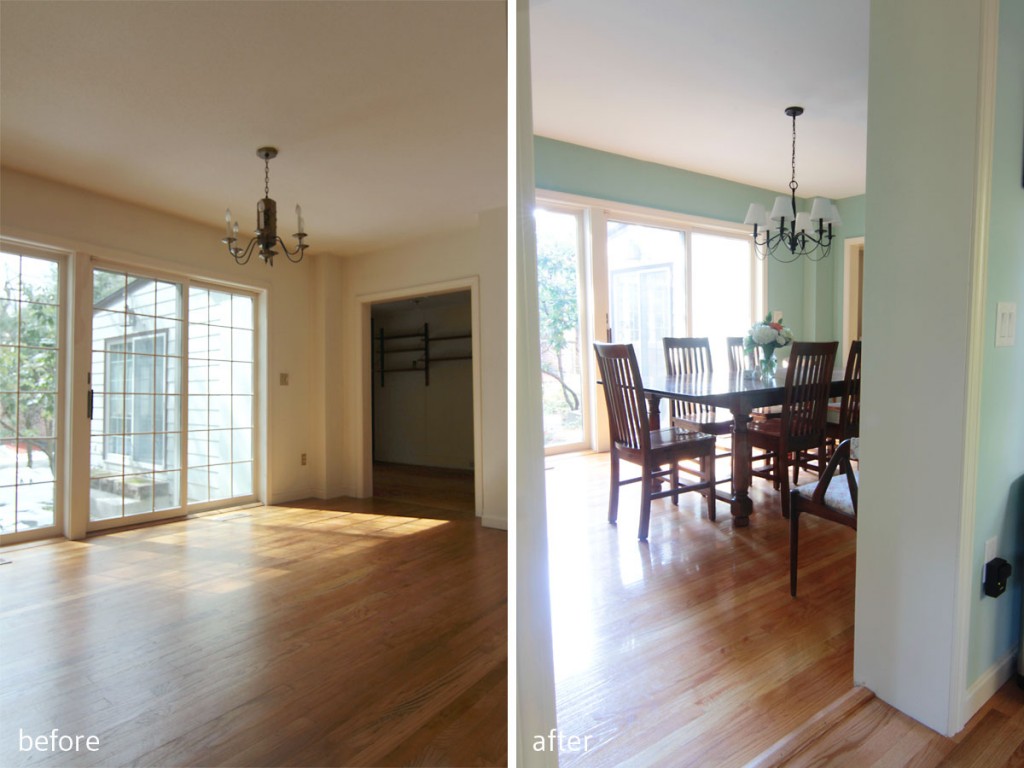 BEFORE: Beautiful light, and access to the exterior were this room's best features. AFTER: Sliders lead out to a breakfast patio (which will get updated eventually), but who would want to dine al fresco when it's so pleasant indoors? The doorway from the kitchen was widened to mimic the generous opening on the game room side of the space to make it feel as if there might have been french doors at one point.