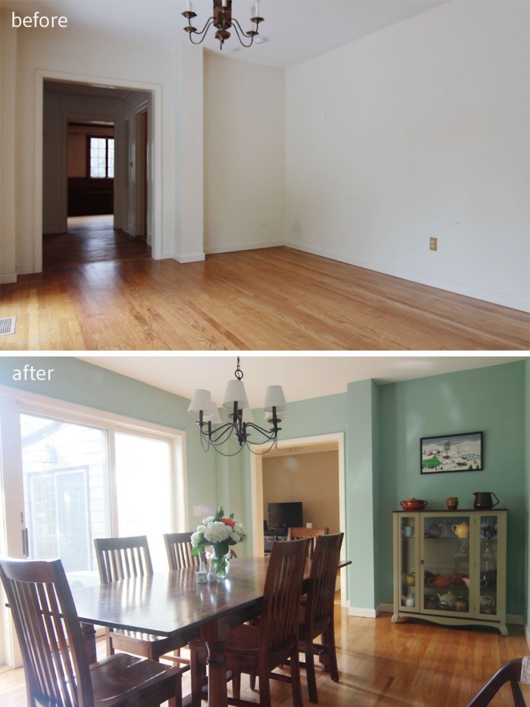 BEFORE: This little soffit created an awkward bump out. AFTER: That nook created a perfect spot for Mrs W's china cabinet, and created an opportunity for an art nook. Eventually these walls will be covered in art, as the homeowners' have tons of beautiful pieces. Who wouldn't want to be invited over for a lingering dinner?