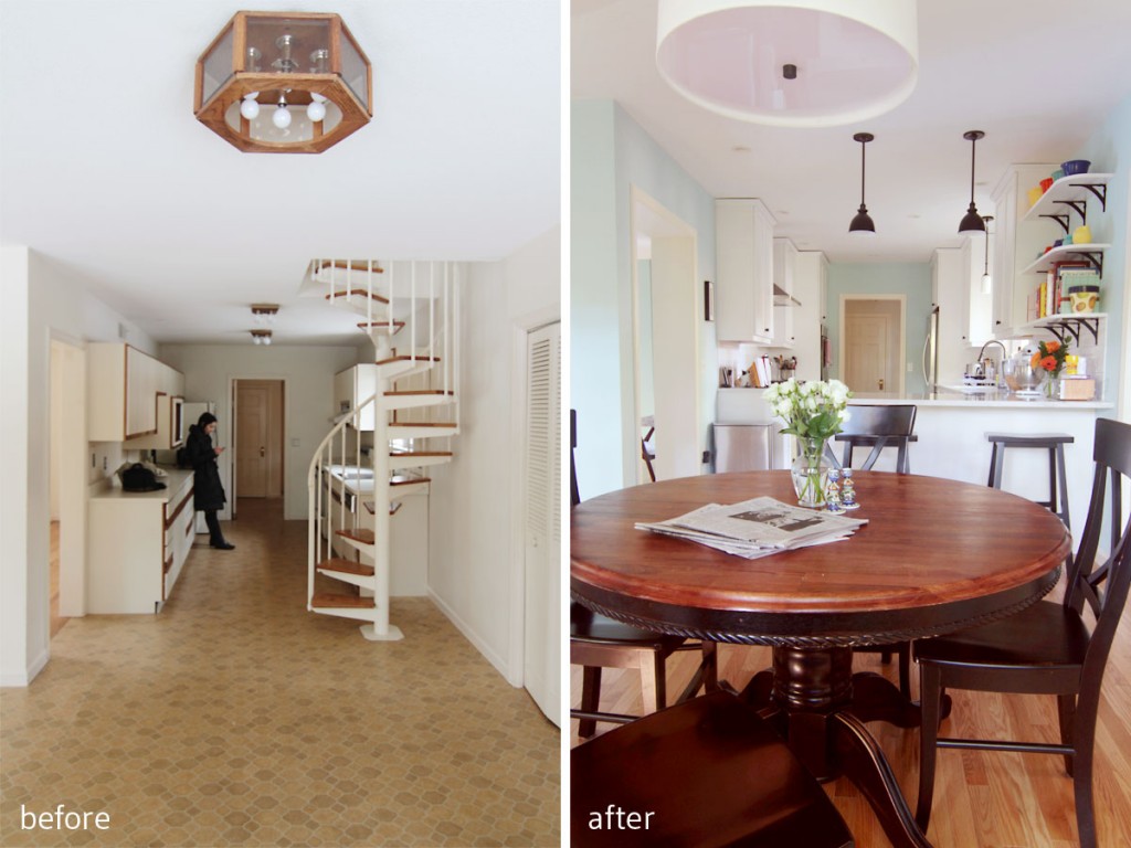 BEFORE: The broker, who was required by law to be there while we toured the space, standing in the gross, old kitchen. AFTER: We designated a small area just off the kitchen for a breakfast/game table, or simply another area to camp out and do homework or projects.
