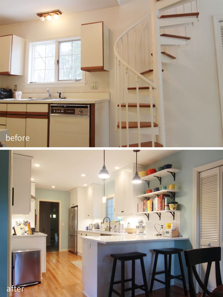 BEFORE: The spiral staircase was added on as an additional access point to the kids' wing above. AFTER: We nixed the staircase to add a peninsula for baking, hanging out, and as a way to add a natural termination point for the kitchen without adding back a wall. The kitchen is open without taking over the entire house.