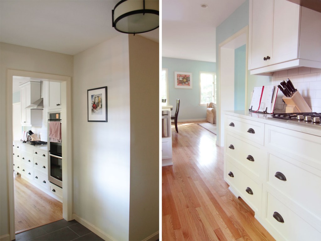 Left, view from the mud room entry area of the house; right, view down toward the family room through the much improved kitchen.