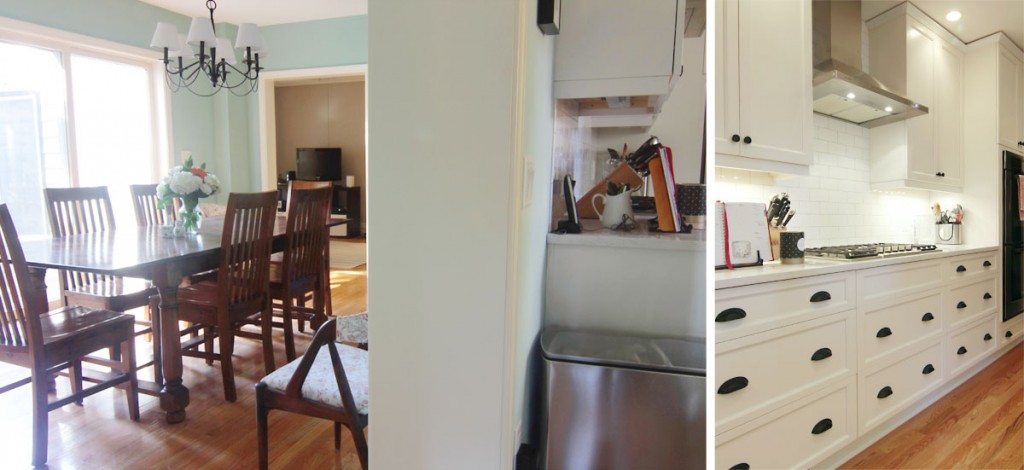 Left, the dining room wall was full of mechanicals and couldn't be opened up; right, so we turned that wall into the cooking zone, with wall ovens on the end, and the star of the kitchen - the cooktop - flanked by drawered cabinets and uppers.