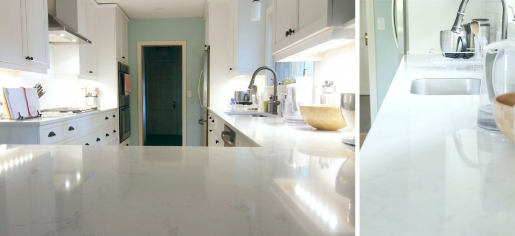 Details: the countertops are quartzite Cambria Torquay. Urged by the builder and the supplier to go with a man-made material for durability and ease of installation we found one that mimicked natural stone. It doesn't stain, and is an easy maintenance surface for a busy family of four.