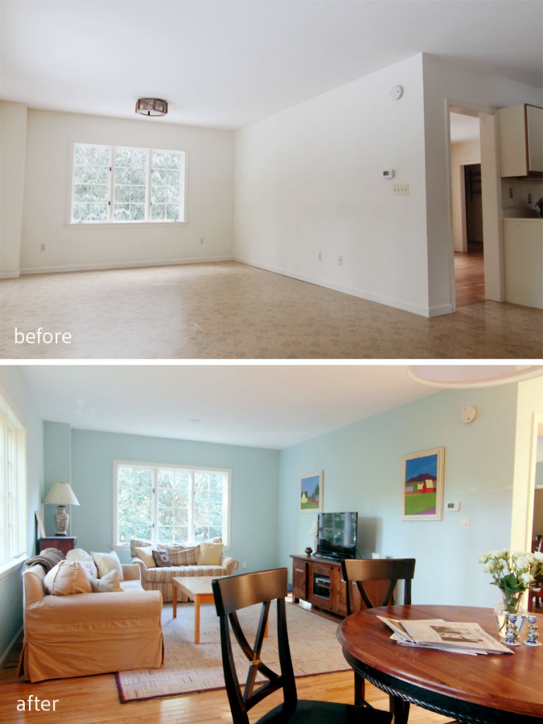 BEFORE: I had wanted to open up the wall between the dining room and the TV space, but budget won out. AFTER: The coziness of the TV space is enhanced by the semi-private, but still connected adjoining spaces. Adults could linger over dinner in the dining room, while kids retired to watch their glut of action/adventure stories. Sounds pretty nice, to me.