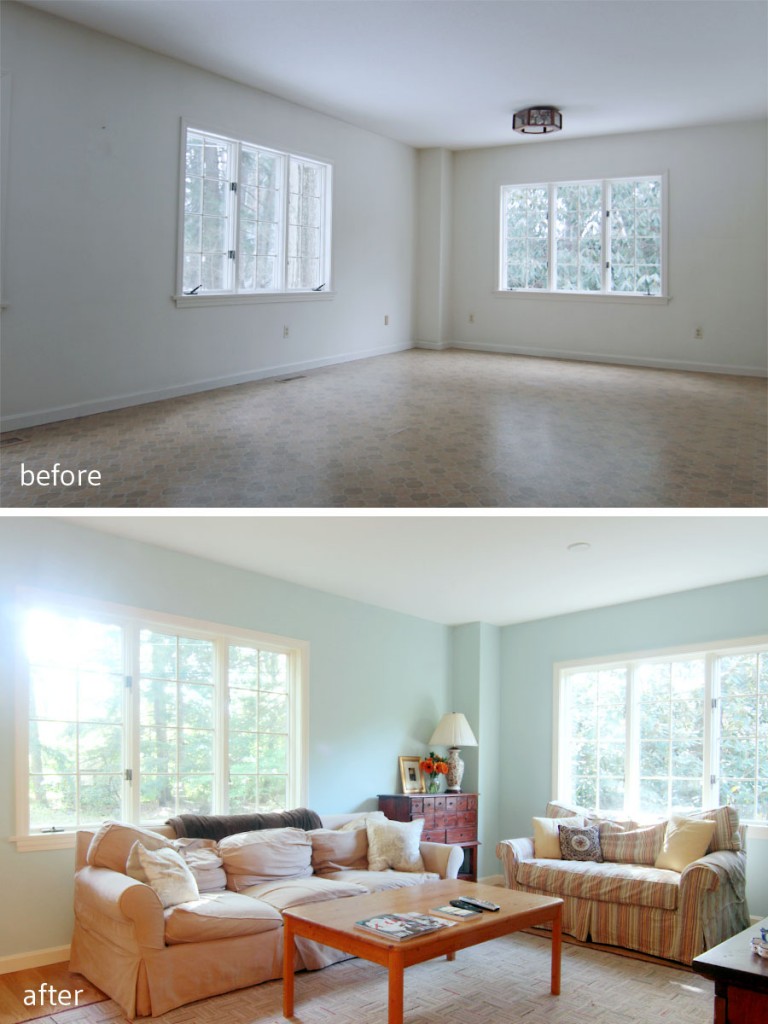 BEFORE: This little nook was a natural fit for the media portion of the family room. AFTER: Comfy well-worn sofas invite teens, dogs, and friends to plop down and hang out. 