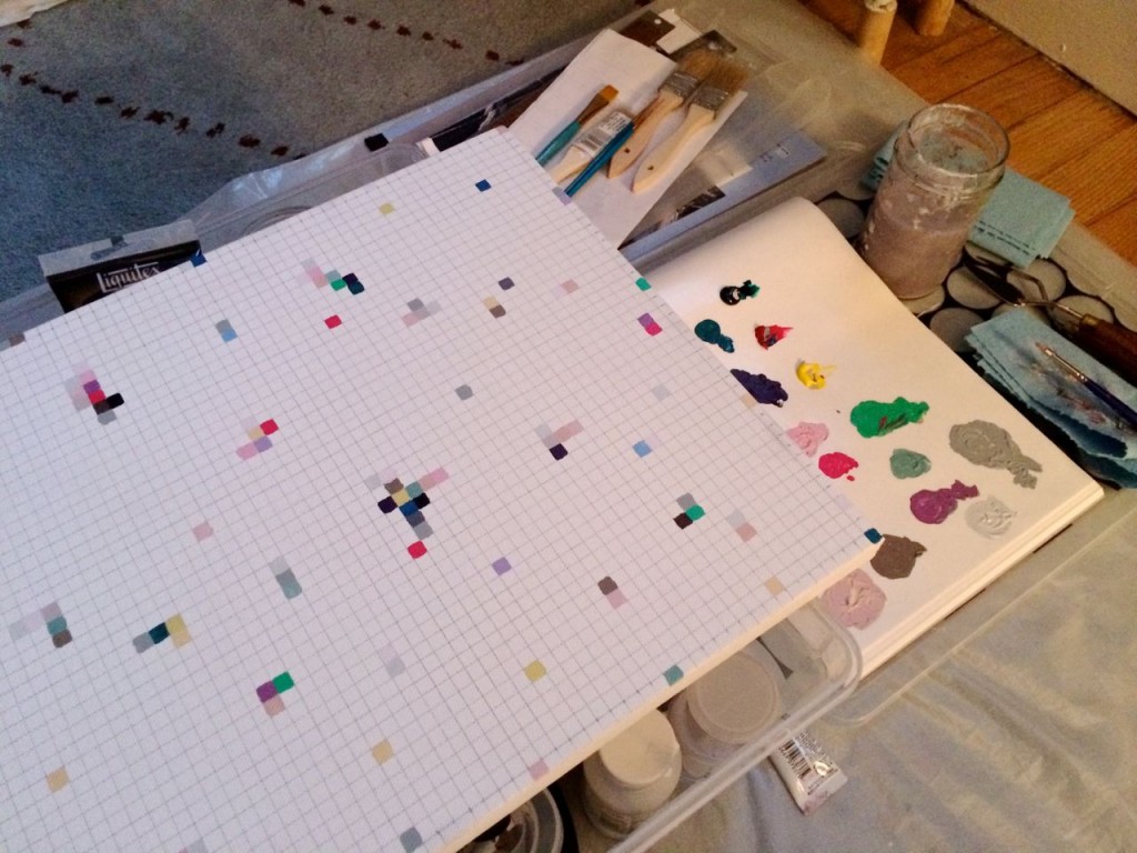 The earliest photos I have of my process art (and work zone) are on an angle. I didn't have a plan, or a real vision, just a method and a madness.