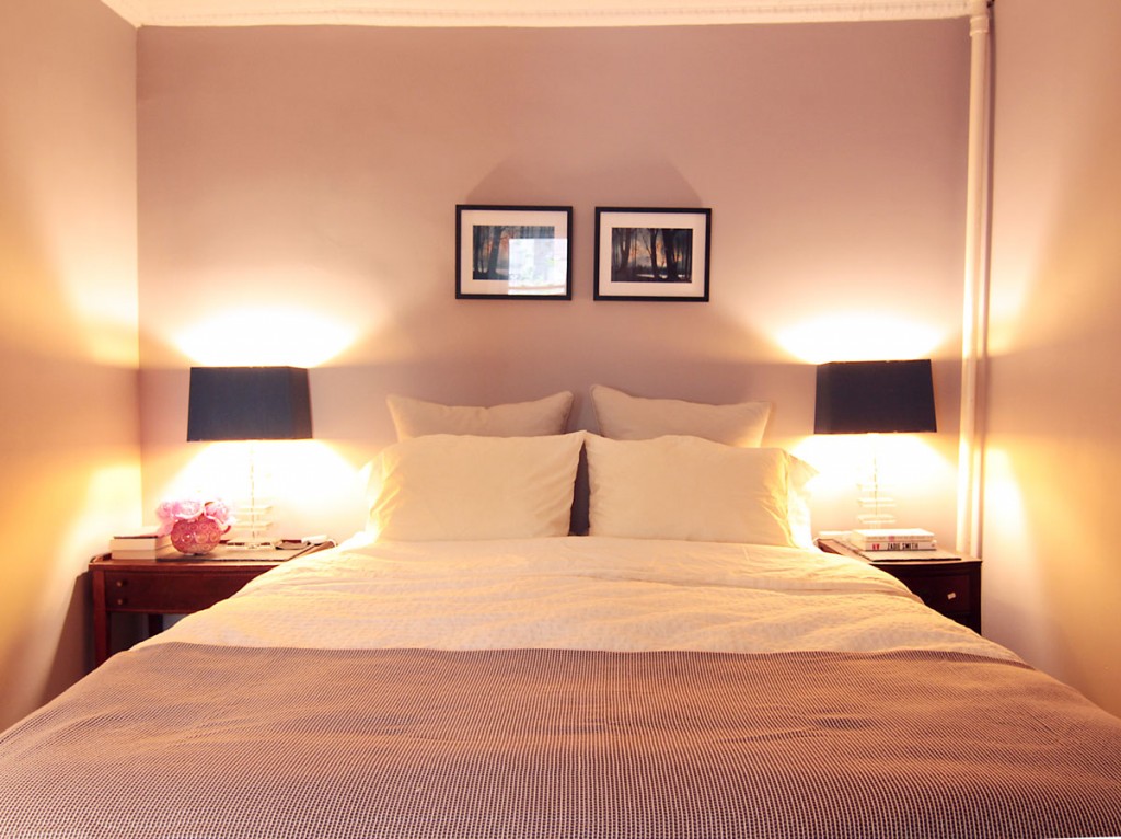 With a mismatched pair of night stands (each with drawers for more storage) we can both actually have a bit of space, and feel like we have a more substantial room.